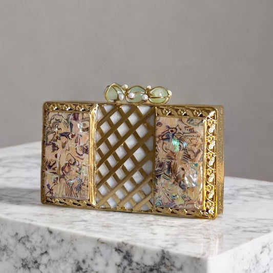 DUBAI | Intricate Gold Evening Clutch: MOP Iridescent Purse
