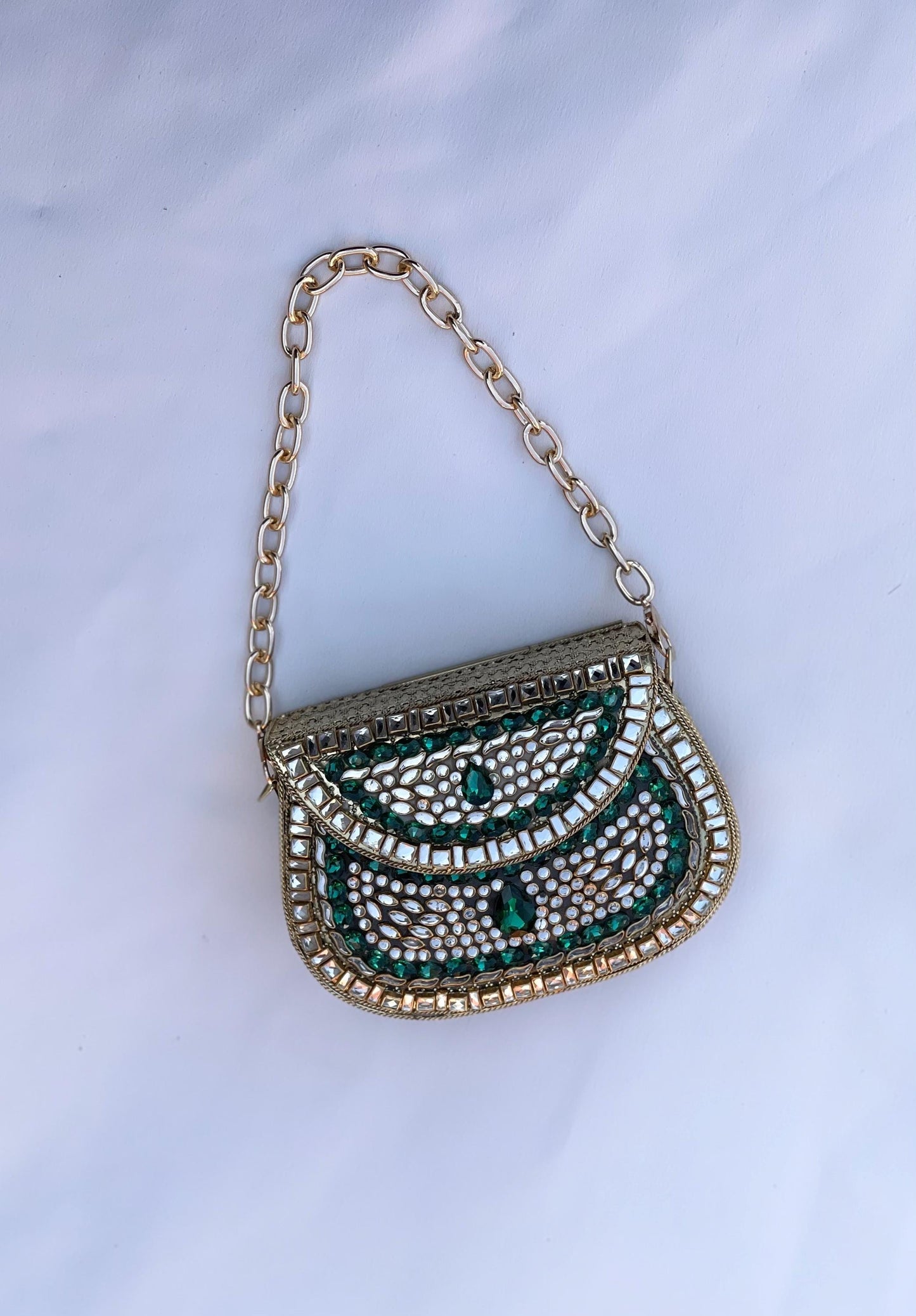 SHIRAZ | Luxury Kundan Clutch | Mini Embellished Minaudière Bag | Indian Wedding Purse | Gold & Green Evening Bag | Handcrafted Bridal Clutch |Ethnic