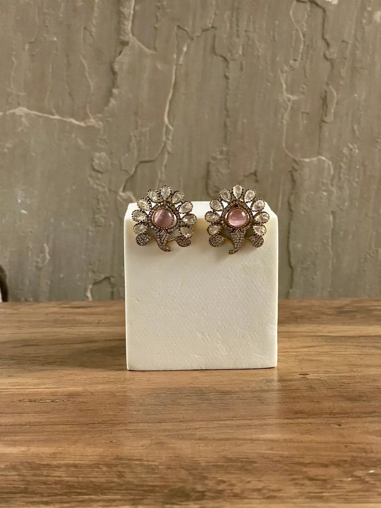 GLORIA | Polki Floral Statement Studs: Crystal & Antique Gold, Red/Pink/Green