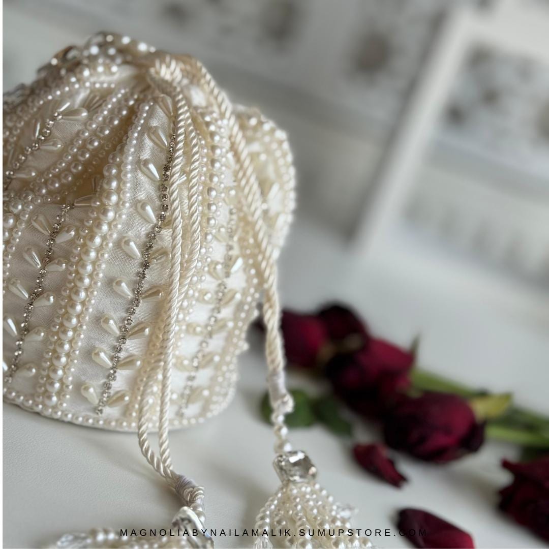 BIKANER | White Cream Potli bag with Bead Work and Crystal Handle | White Wedding Bridal Bag Pouch