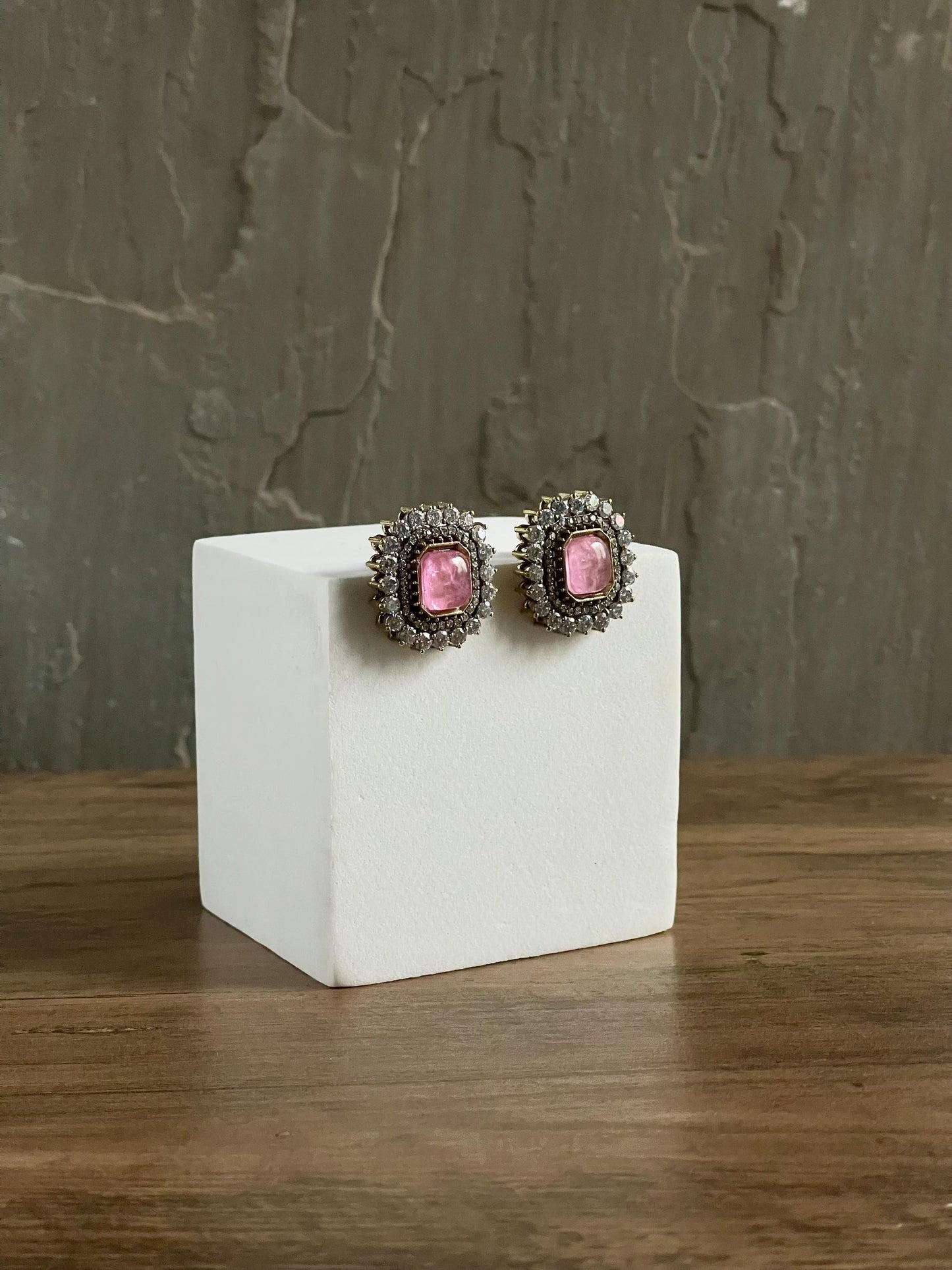 AMY |Pink Statement Stud Earrings: Gold-Plated Brass, CZ Halo