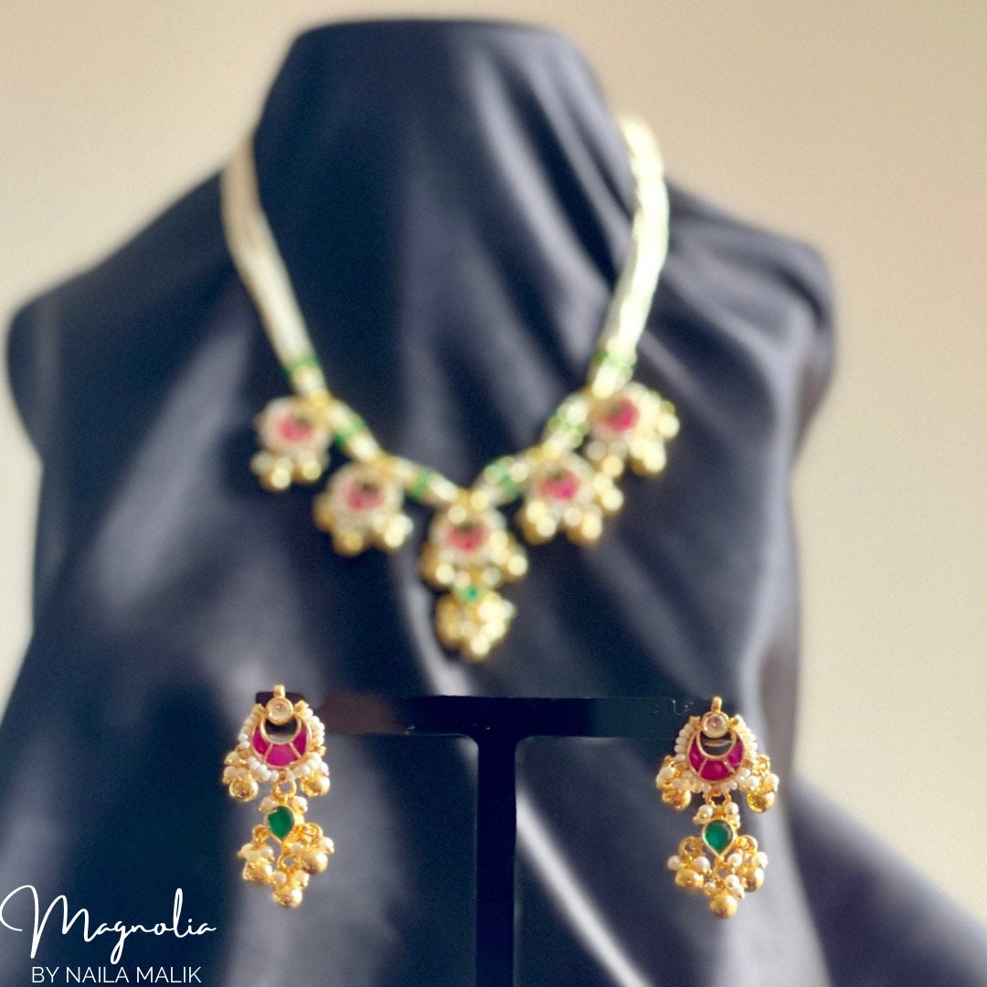 SUKHJOT | White and Gold Necklace and Earrings Indian Jewellery Set Bridal