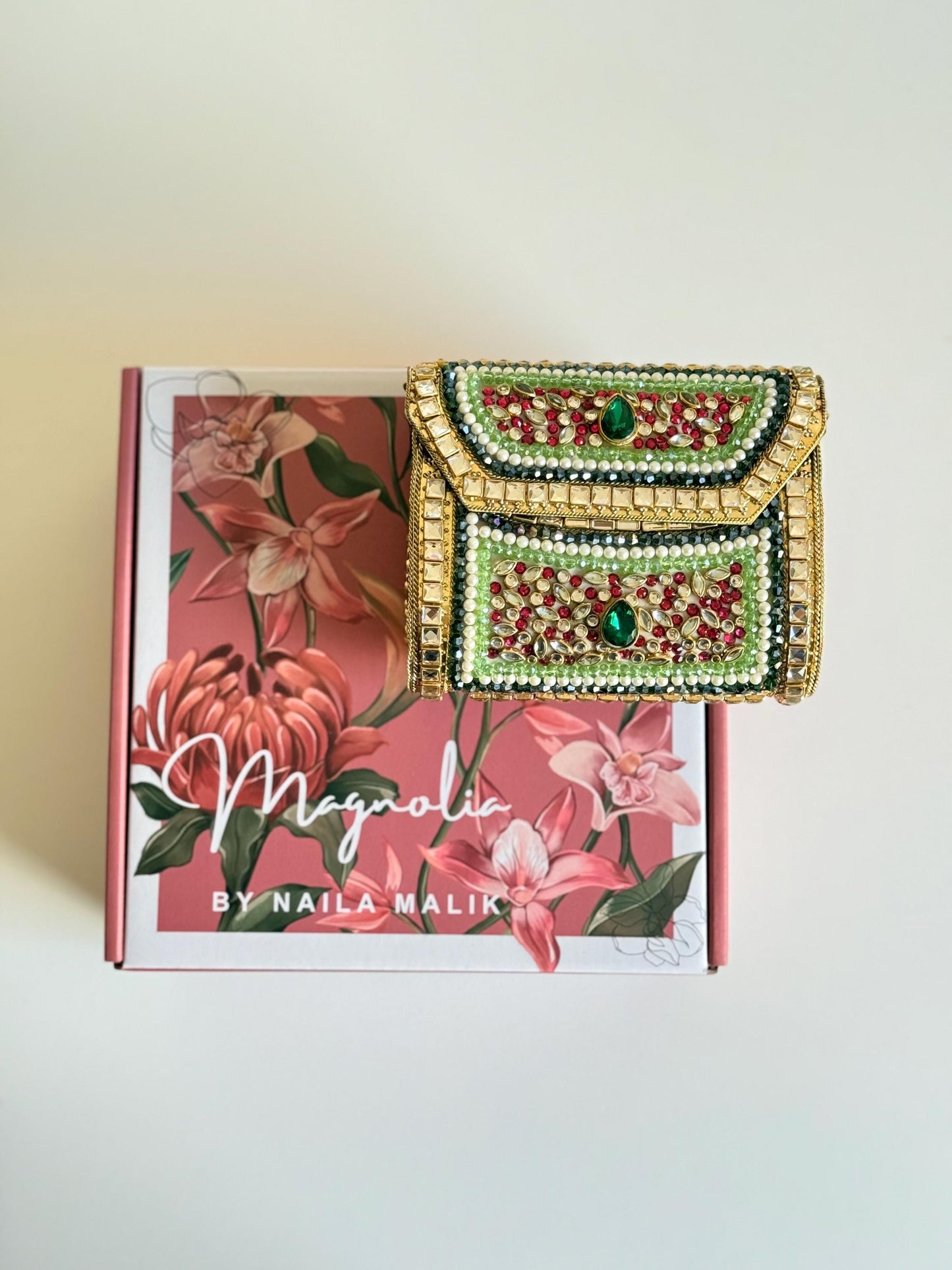 SOUQ WAQIF | Pink & Green Evening Bag | Kundan Clutch | Mini Embellished Minaudière Bag | Indian Wedding Purse | Handcrafted Bridal Clutch