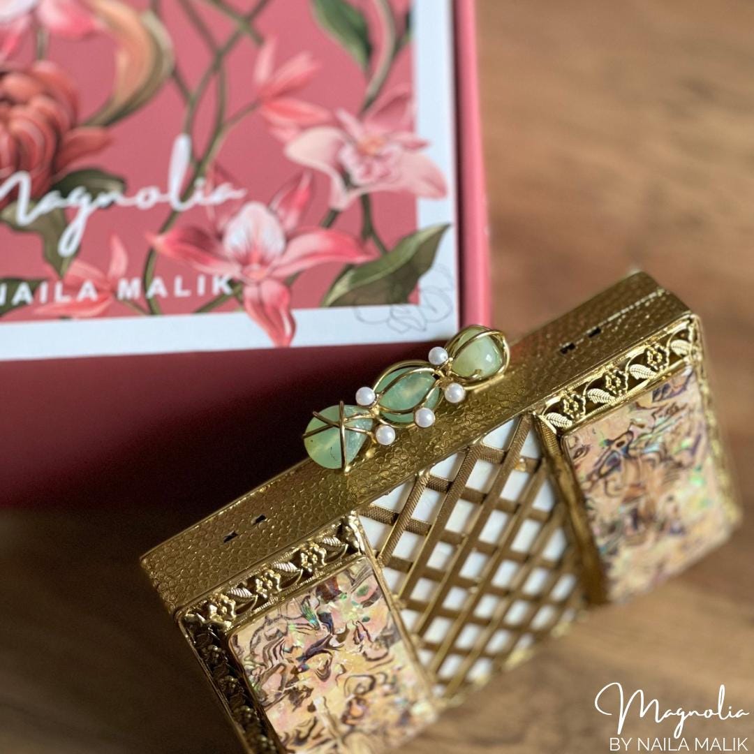 DUBAI | Intricate Gold Evening Clutch: MOP Iridescent Purse