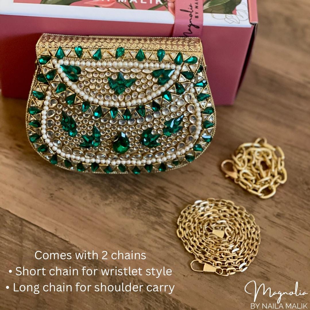 TEHRAN | Gold & Green Evening Bag | Kundan Clutch | Mini Embellished Minaudière Bag |