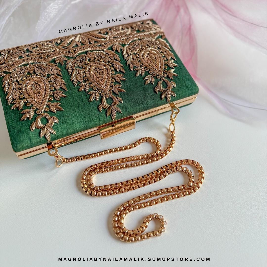 AMARNA | Green Clutch | Zardozi Dabka Embroidery | Paisley Wedding Clutch | Festive Bridal Purse | Traditional Evening Bag