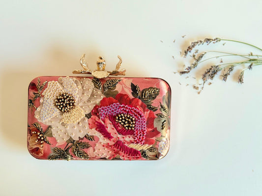 FLORENCE | Floral Printed Silk Clutch | Embellished Evening Bag with Floral Clasp