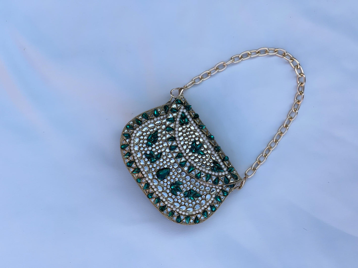 TEHRAN | Gold & Green Evening Bag | Kundan Clutch | Mini Embellished Minaudière Bag |