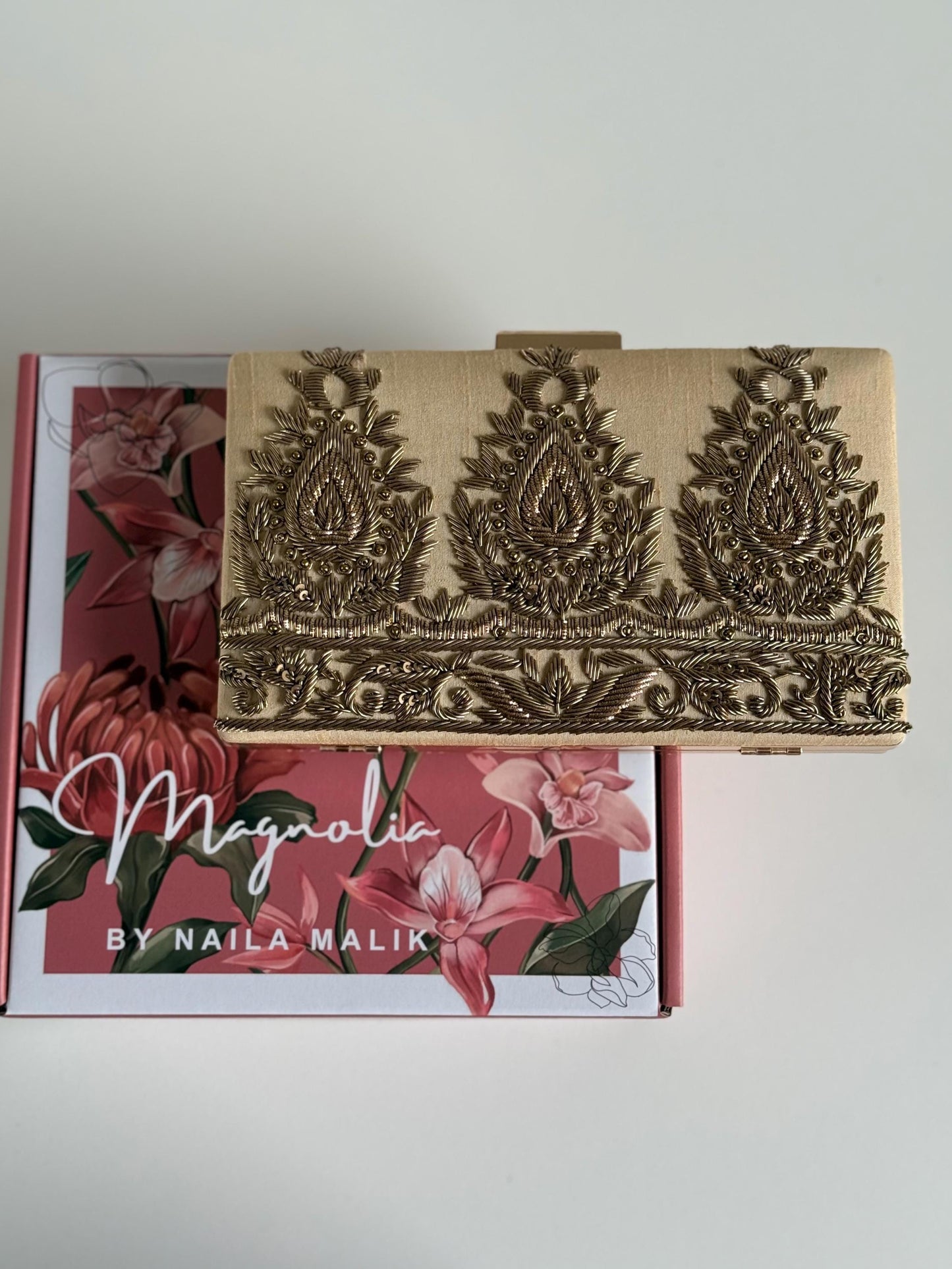 AMARNA | Hand Embellished Light Gold Clutch | Zardozi Dabka Embroidery | Paisley Wedding Clutch | Festive Bridal Purse | Traditional Evening Bag