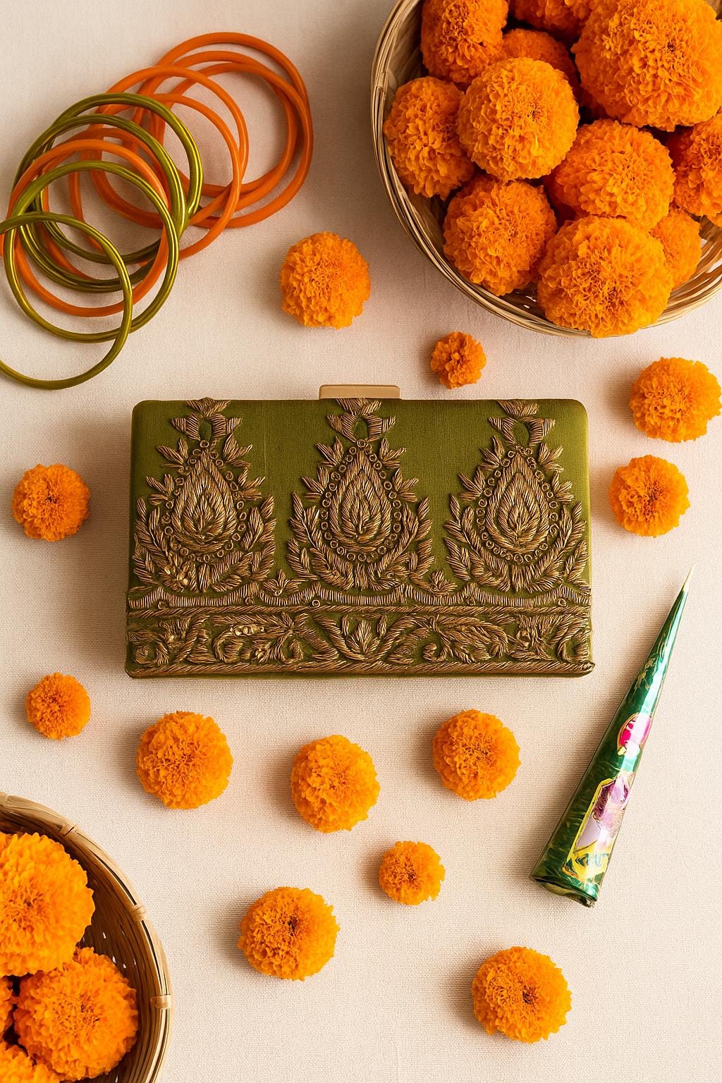 AMARNA | Hand Embellished Olive Green Clutch | Zardozi Dabka Embroidery | Paisley Wedding Clutch | Festive Bridal Purse | Traditional Evening Bag