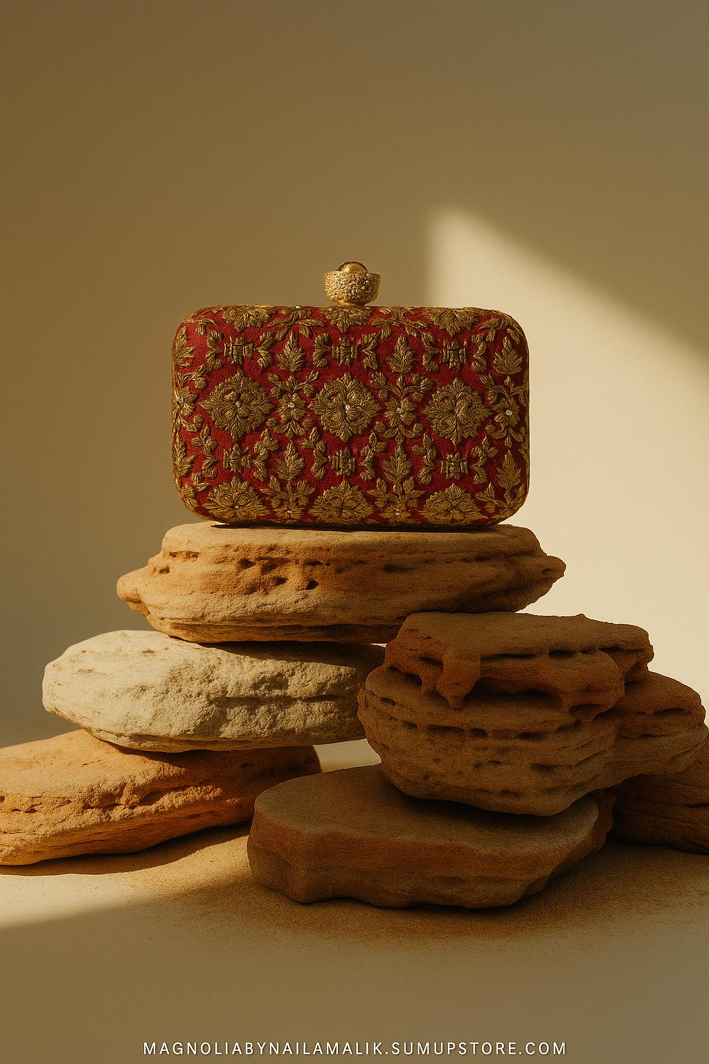 DELHI ~ Rose Clasp|
Dark Red Silk Clutch | Antique Gold Dabka Work | Handcrafted Bridal Evening Bag