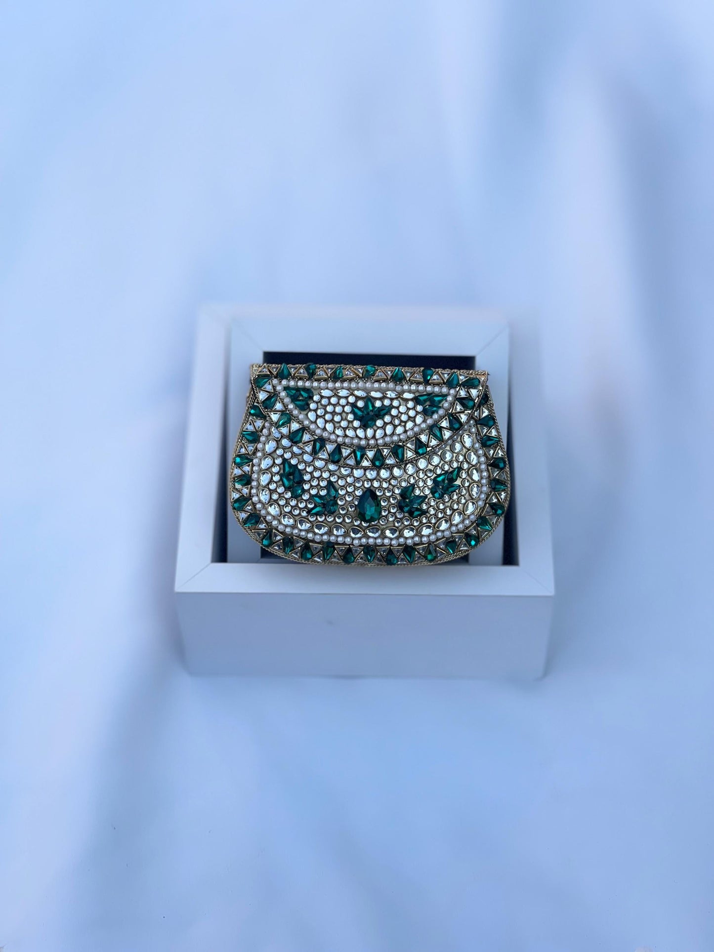 TEHRAN | Gold & Green Evening Bag | Kundan Clutch | Mini Embellished Minaudière Bag |