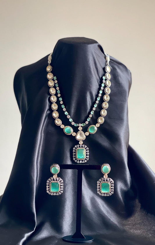 AFSANEY | Polki Silver and Turquoise CZ Indian Modern Jewelry Set with Earrings