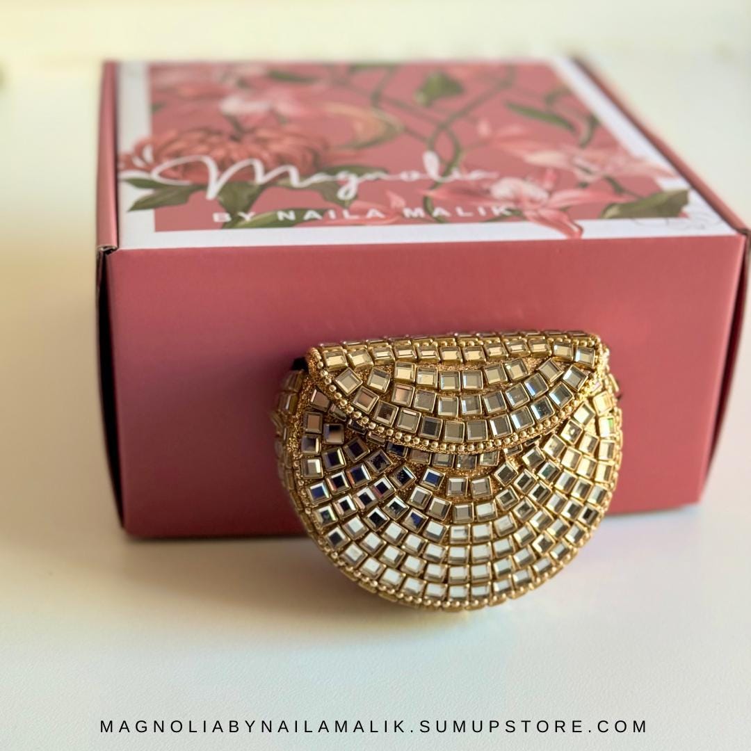 MEENA BAZAAR | Micro Mini Glass Work Kundan Minaudiere Clutch Purse