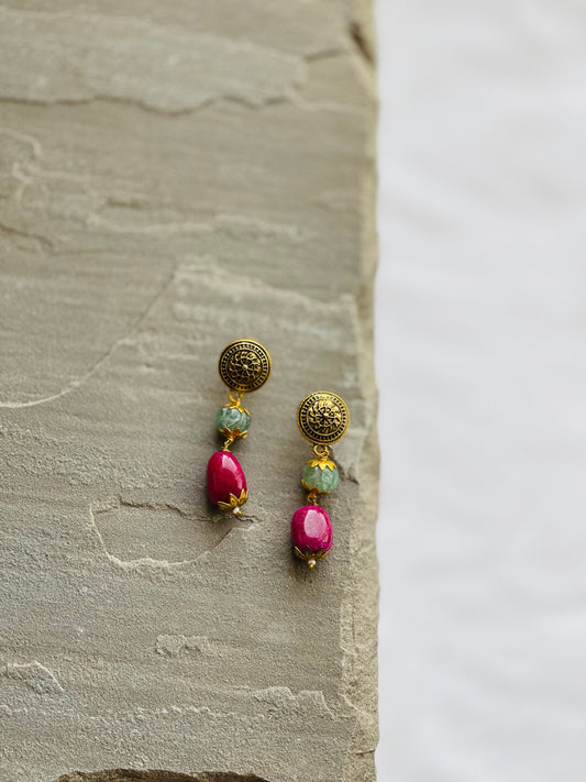 AIZA | Vintage Inspired Earrings Gold Beaded Stone