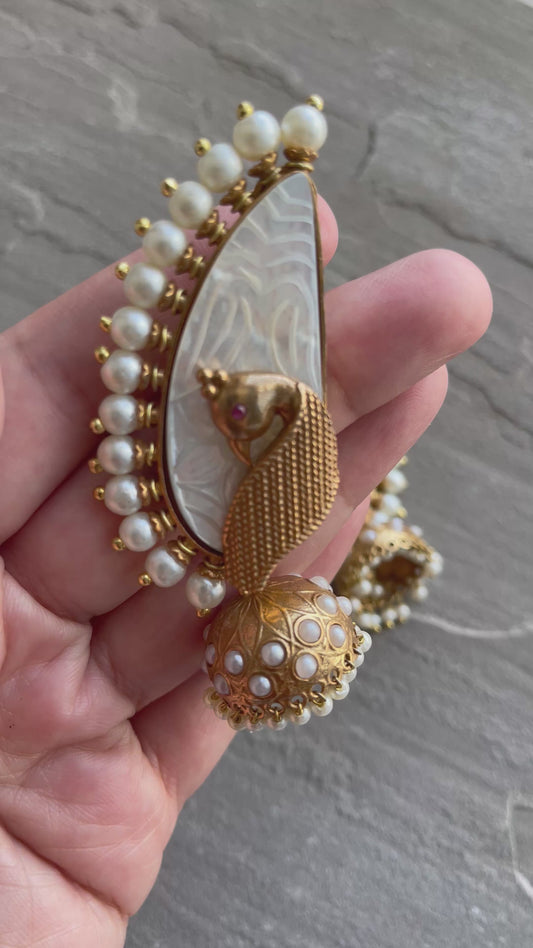 PARIVASH | Statement Gold White Pearl Peacock Earrings